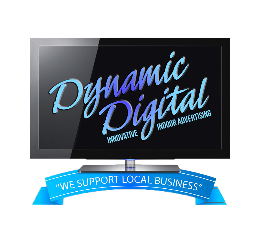 Dynamic Digital logo emphasizing support for local businesses through innovative digital indoor billboards. About us..